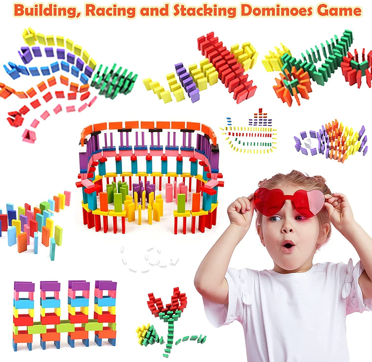 120 PCS Super Domino Blocks, 12 Colors Bulk Wooden Dominoes - Building Block Tile Game Racing Educational Toy for Kids Birthday Party Favor